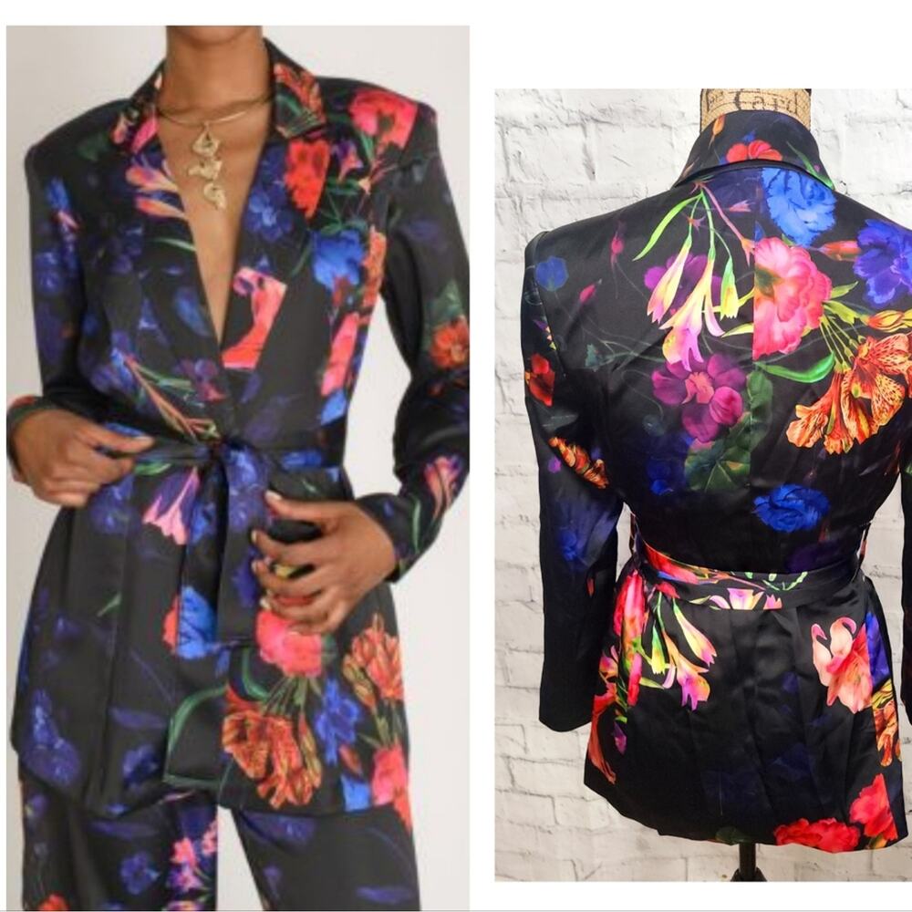 INC International Concepts Black Satin Floral Tie-Waist Blazer
